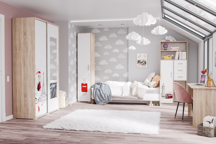 Модульная детская спальня Бланка, набор 2, Дуб сонома/Белый с фотопечатью