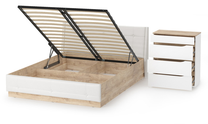 Муссон Кровать 11.28 + подъёмный ортопед + Комод 13.97, цвет белый/дуб эндгрейн элегантный/кожзам белый, сп. м. 1600х2000 мм., б/м