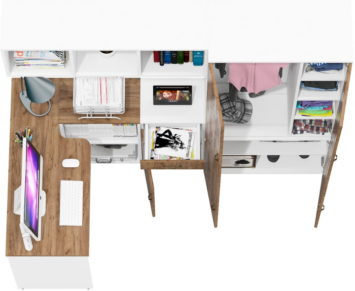 Лидер-8 Стол + Полка + Тумба МД 3.15 + Шкаф МД 20Б, белый шагрень/крафт золото