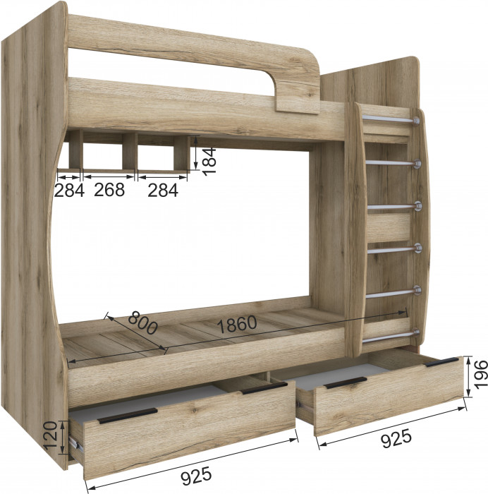 Кровать Мадрид (0,8) двухярусная, Дуб делано
