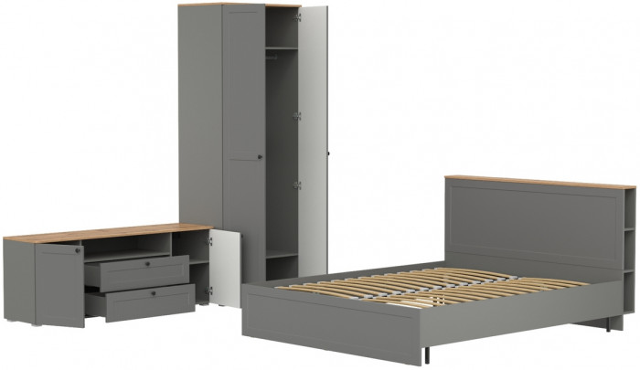 Остин 11.53 Кровать + ортопед + 13.224 Шкаф + 16.47 Тумба под ТВ, серый графит/дуб крафт золотой