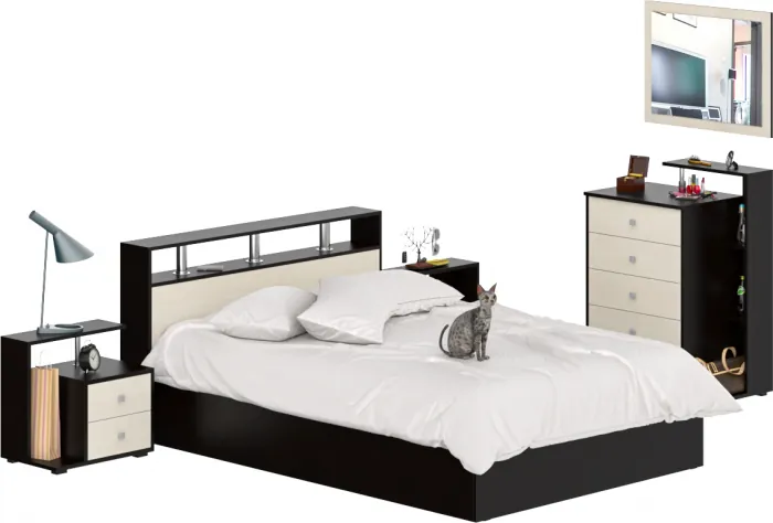 Камелия спальня № 5 Кровать 1400 + Две тумбы + Комод + Зеркало, цвет венге/дуб лоредо, сп.м. 1400х2000 мм., б/м, основание есть