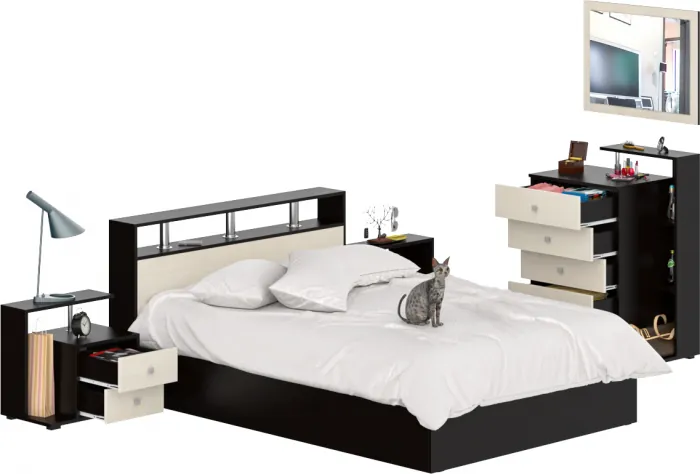 Камелия спальня № 5 Кровать 1400 + Две тумбы + Комод + Зеркало, цвет венге/дуб лоредо, сп.м. 1400х2000 мм., б/м, основание есть