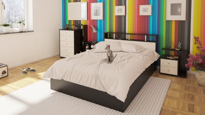 Камелия спальня № 5 Кровать 1400 + Две тумбы + Комод + Зеркало, цвет венге/дуб лоредо, сп.м. 1400х2000 мм., б/м, основание есть