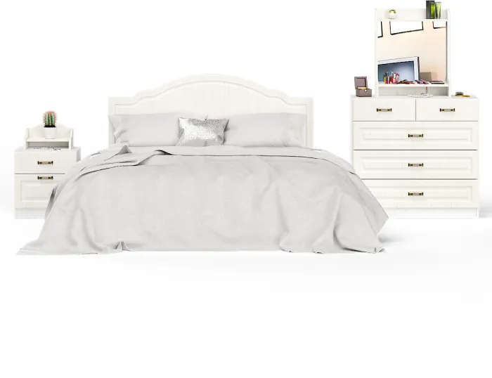 Ливерпуль Спальня № 5 Кровать 11.08ОСН + Тумба 08.146 + Полка 10.117 + Комод 10.103 + Полка 10.118, ясень ваниль/белый, 1600х2000 мм., б/м, орт. есть