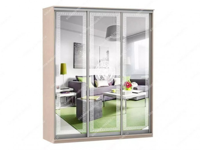 Шкаф купе Модерн 1776х600 3-х дверный 2-х секционный зеркальный с пескоструем №1 ясень