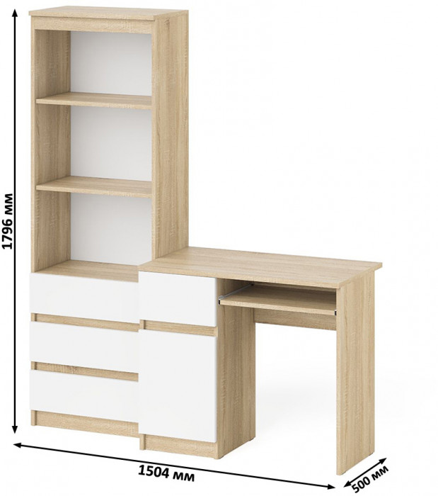 Мори компьютерный стол МС-1 левый + Стеллаж МСТ600.3, дуб сонома/белый