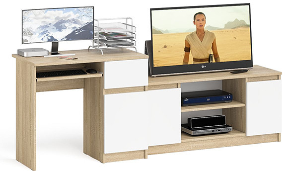 Мори компьютерный стол МС-1 правый + Тумба МТВ1200.1, дуб сонома/белый