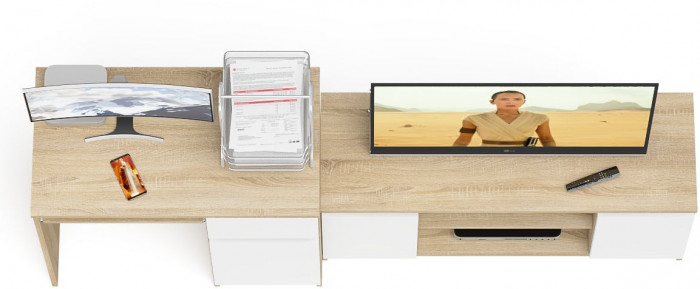 Мори компьютерный стол МС-1 правый + Тумба МТВ1200.1, дуб сонома/белый