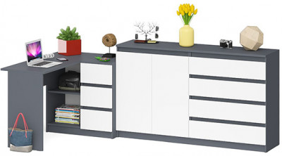 Мори компьютерный стол МС-16 правый + Комод МК1600.1, графит/белый