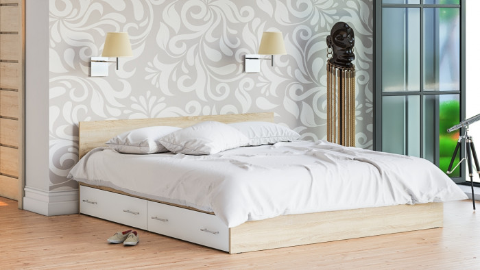 Мори Кровать с ящиками 1800, цвет дуб сонома/белый, ШхГхВ 183,5х203,5х70 см., сп.м. 1800х2000 мм., без матраса, основание есть