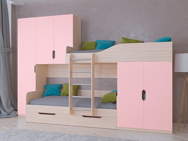 Кровать двухъярусная Лео Дуб молочный/Розовый