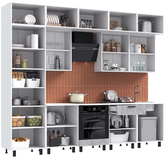 Кухня Техно 3,0/1080м Компоновка №2, Мальта/Мальта грей, Белый