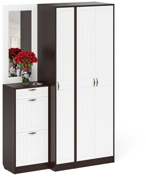 Прихожая П-6 Компоновка № 49, цвет венге/фасады МДФ белое дерево фрезеровка прованс, ШхГхВ 140х50х210 см., универсальная сборка