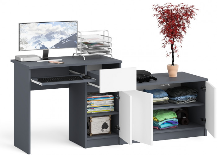 Мори компьютерный стол МС-1 правый + Тумба МА900.1, графит/белый