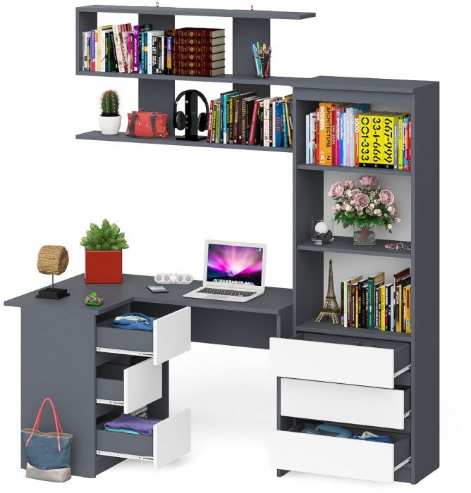 Мори компьютерный стол МС-16 левый + Стеллаж МСТ600.3 + Полка 1200, графит/белый