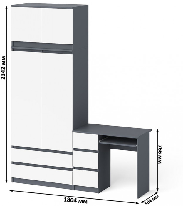 Мори компьютерный стол МС-6 левый + Шкаф МШ900.1 + Антресоль МА900.1, графит/белый