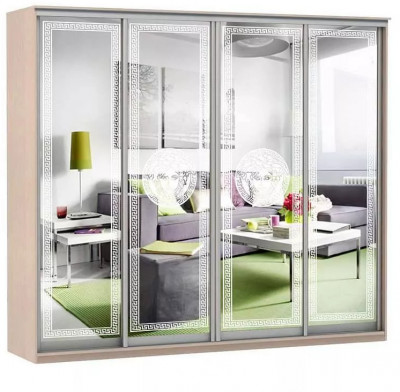 Шкаф купе Модерн 2362х600 4-х дверный 4-х секционный зеркальный с пескоструем №1 ясень