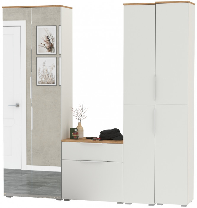 Октава Прихожая 28, цвет белый шагрень/дуб крафт золотой/фасады МДФ белый шагрень, ШхГхВ 193,7х35,4х197,6 см., универсальная сборка