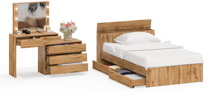 Ксения Кровать с ящиками 1200 + Стол косметический с подсветкой 110, дуб вотан
