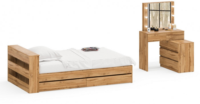 Ксения Кровать с ящиками 1200 + Стол косметический с подсветкой 110, дуб вотан