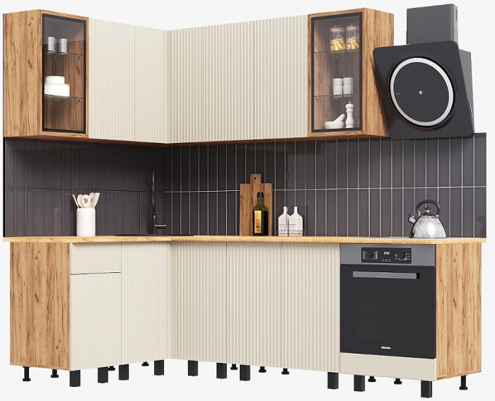 Угловая кухня Оливия NEW 1,4х2,4м, Крафт золотой/Кашемир