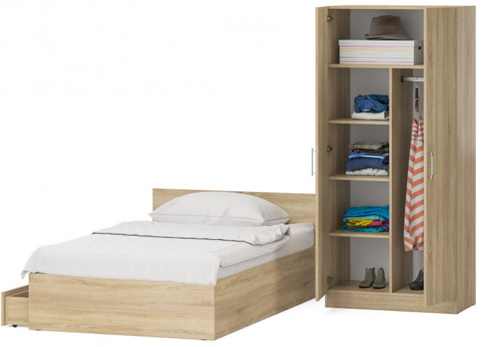 Кровать с ящиками 1200 + Шкаф 2-х створчатый Стандарт, дуб сонома