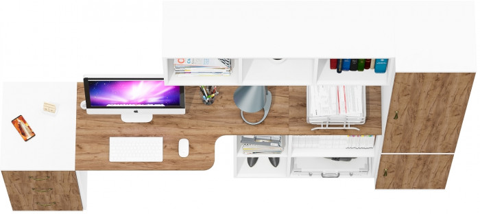 Лидер-8 Стол + Полка + Тумба МД 3.16 + Пенал МД 21Б, белый шагрень/крафт золото