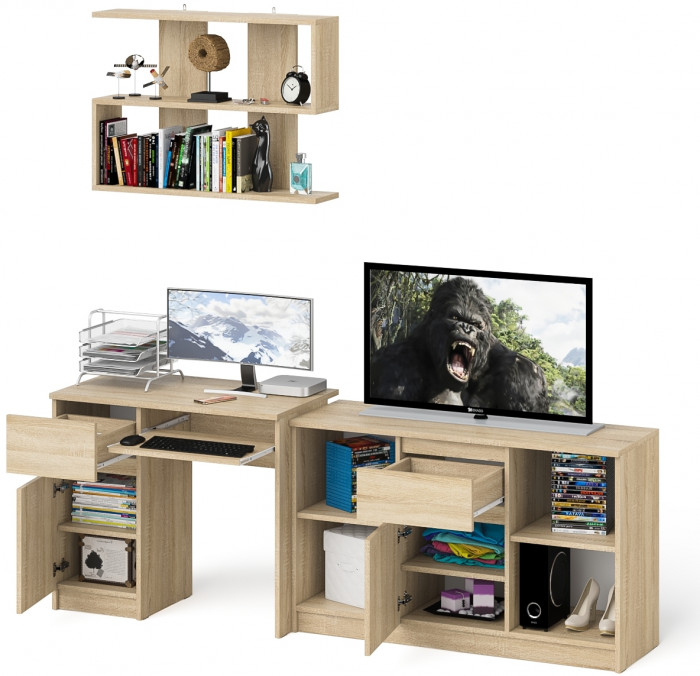 Мори компьютерный стол МС-1 левый + Тумба МТВ1204.1 + Полка 900, дуб сонома