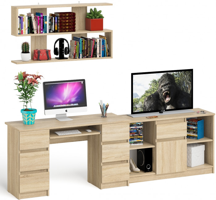 Мори компьютерный стол МС-2 + Тумба МТВ1204.1 + Полка 1200, дуб сонома