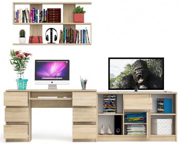 Мори компьютерный стол МС-2 + Тумба МТВ1204.1 + Полка 1200, дуб сонома