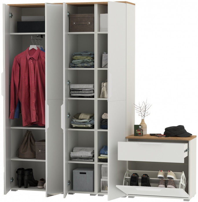 Октава Прихожая 28, белый шагрень/дуб крафт золотой/фасады МДФ белый шагрень