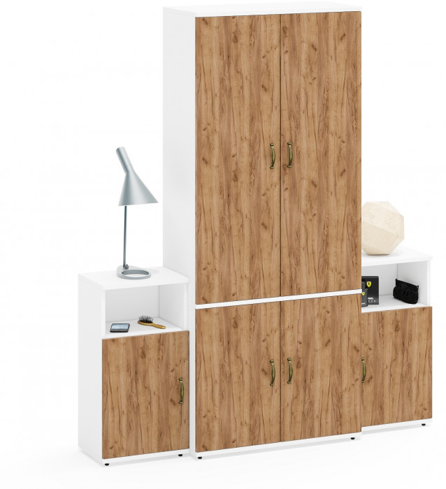 Лидер-8 Шкаф МД 20Б + Тумба МД 3.19 + Тумба МД 3.19, цвет белый шагрень/крафт золото, ШхГхВ 160х37,5х190 см., НЕ универсальная сборка