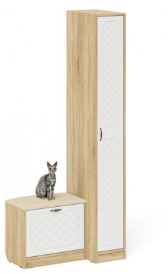 Прихожая П-6 Компоновка № 39, цвет дуб сонома/фасады МДФ белое дерево фрезеровка ромб, ШхГхВ 90х50х210 см., универсальная сборка