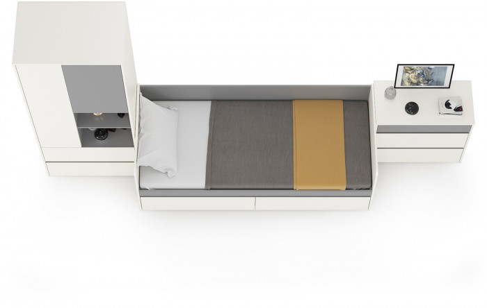 Торонто Компоновка № 21, цвет белый шагрень/стальной серый, ШхГхВ 354х84,4х195,7 см., сп. м. 800х1900 мм., б/м, основание есть, универсальная сборка