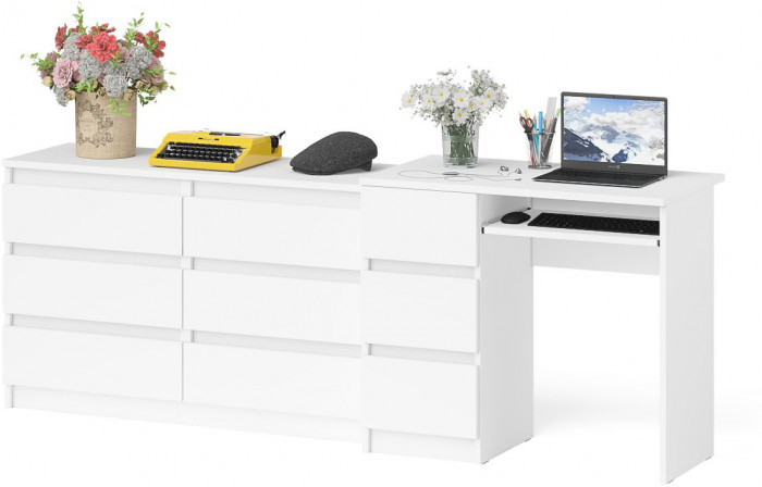 Мори Стол компьютерный МС-6 левый + Комод МК1200.6, цвет белый, ШхГхВ 210,4х50х76,6 см., выдвижные ящики слева, НЕ универсальная сборка