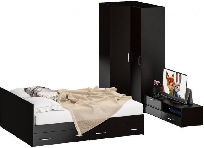 Спальня Стандарт 4-1600Я, венге/фасады ТВ тумбы МДФ чёрный глянец