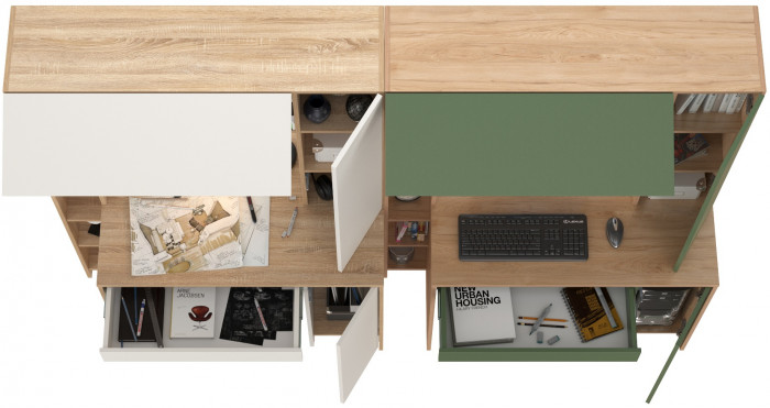 Два стола комп. Комфорт 12.71, дуб сонома/белый/гикори рокфорд натуральный/дымчатый зел.