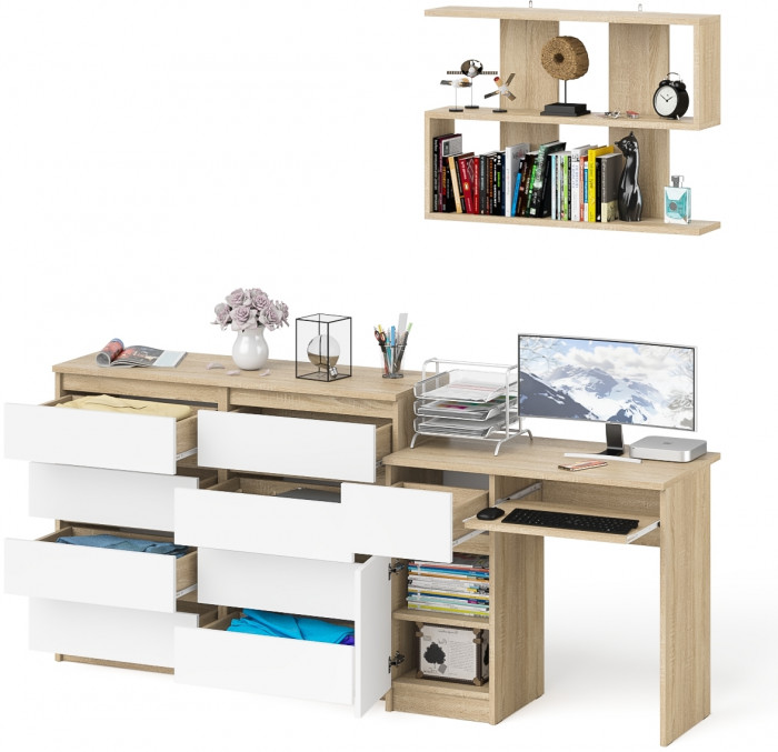 Мори компьютерный стол МС-1 левый + Комод МК1200.8 + Полка 900, дуб сонома/белый
