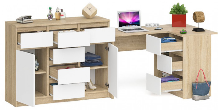 Мори компьютерный стол МС-16 правый + Комод МК1200.4, дуб сонома/белый