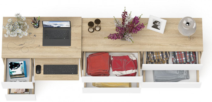 Мори компьютерный стол МС-6 левый + Комод МК1380.6, дуб сонома/белый