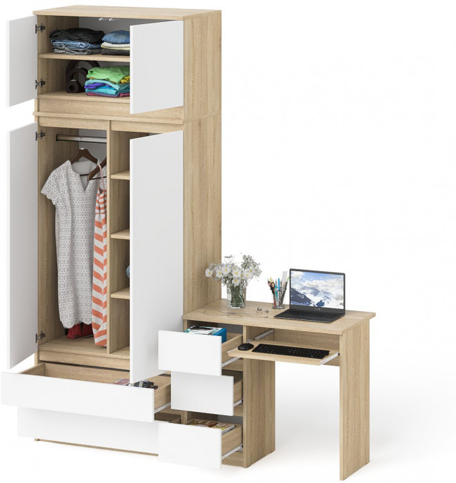 Мори компьютерный стол МС-6 левый + Шкаф МШ900.1 + Антресоль МА900.1, дуб сонома/белый