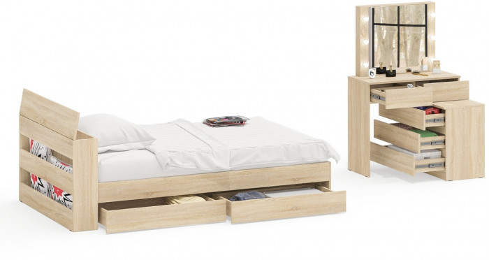 Ксения Кровать с ящиками 1200 + Стол косметический с подсветкой 110, дуб сонома