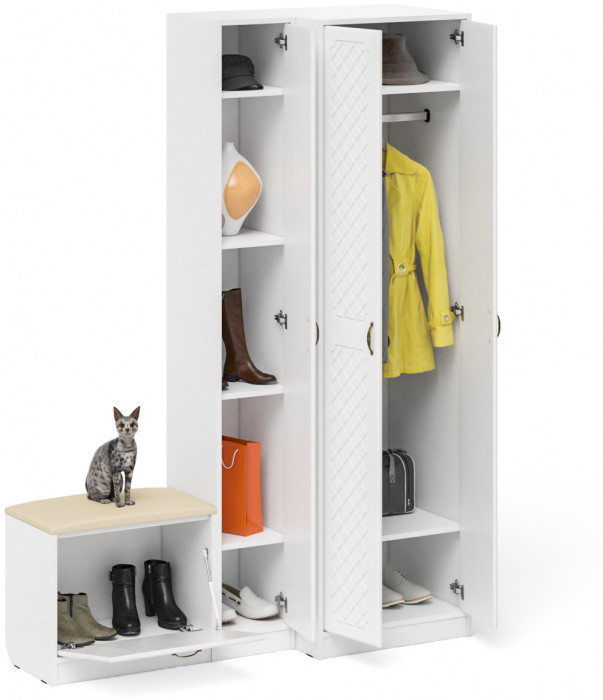 Прихожая П-6 Компоновка № 25, белая шагрень/фасады МДФ белое дерево фрезеровка ромб