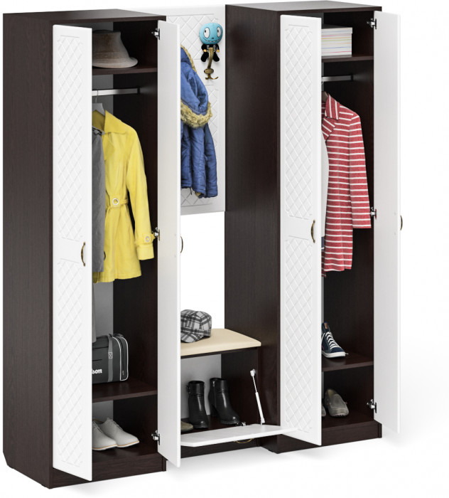 Прихожая П-6 Компоновка № 09, цвет венге/фасады МДФ белое дерево фрезеровка ромб, ШхГхВ 180х50х210 см., универсальная сборка