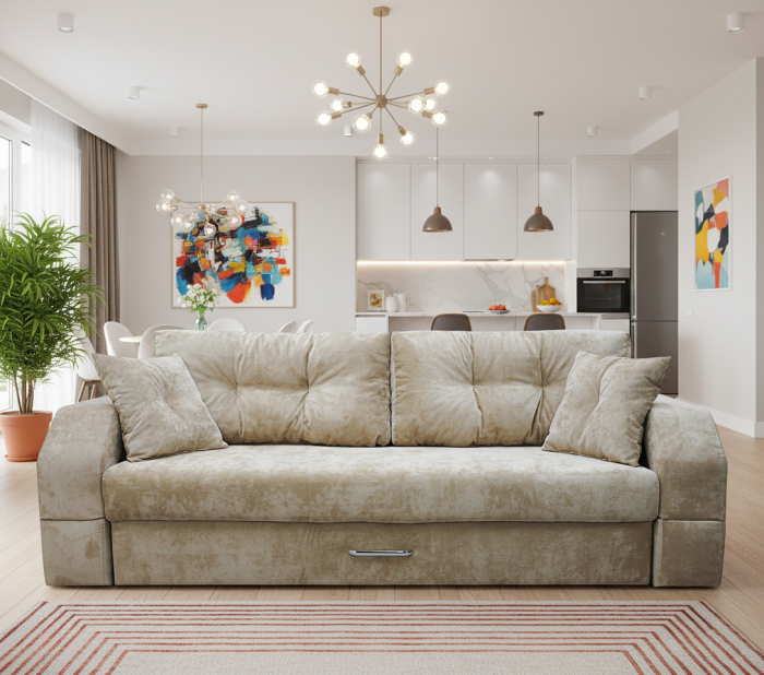 Диван-еврокнижка Манчестер, пружинный блок, 150х195, подсветка, велюр бежевый