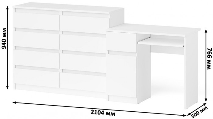 Мори компьютерный стол МС-1 левый + Комод МК1200.8, белый