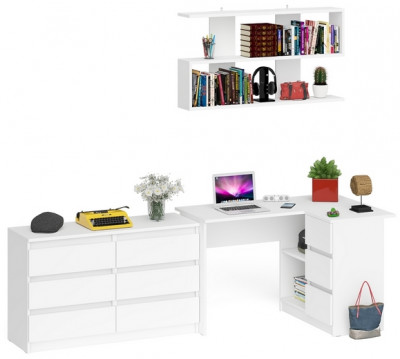 Мори компьютерный стол МС-16 правый + Комод МК1200.6 + Полка 1200, белый