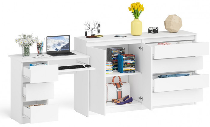Мори компьютерный стол МС-6 левый + Комод МК1600.1, белый