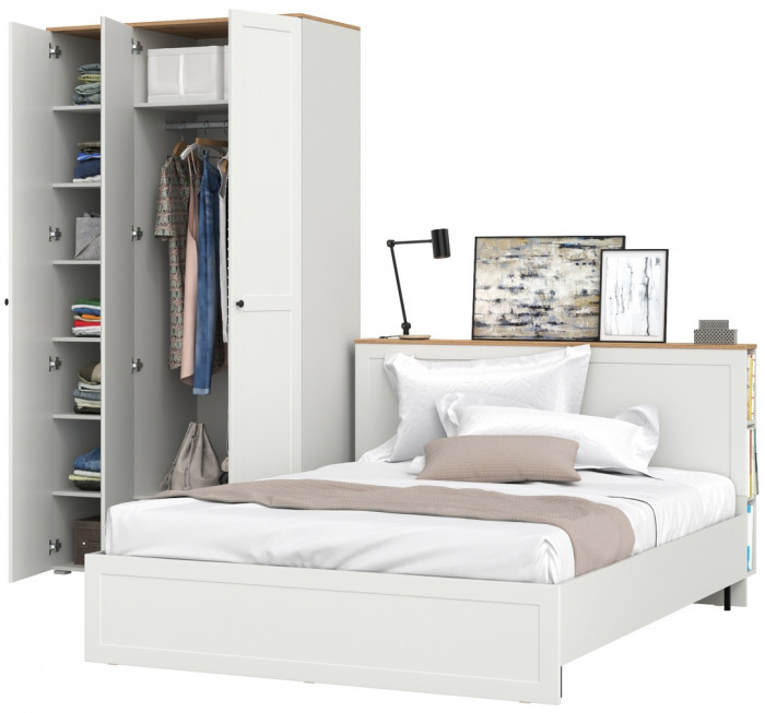 Остин 11.53 Кровать + ортопед + 13.336.03 Шкаф для одежды, белый шагрень/дуб крафт золотой